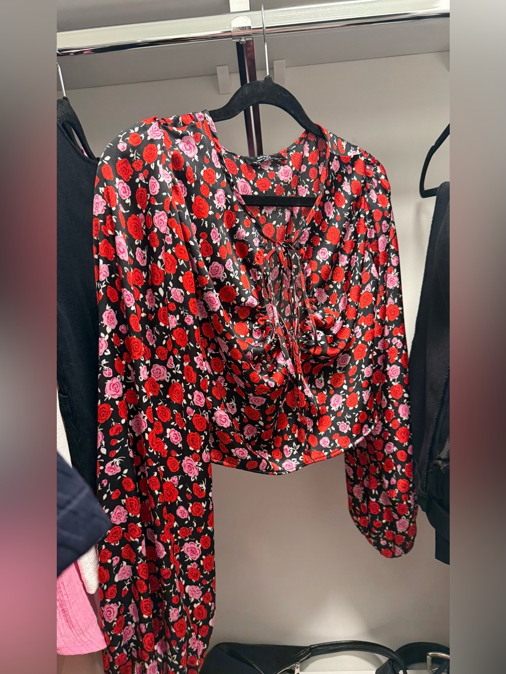 Bershka Black Lace-Up Crop Top with Red & Pink Rose Print